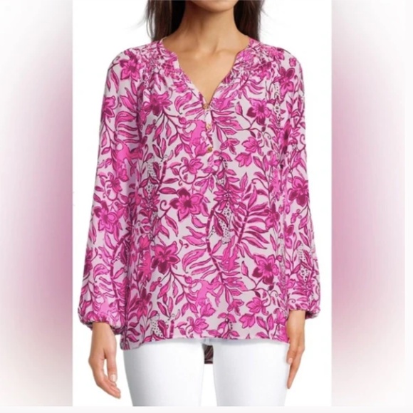 Lilly Pulitzer Elsa Elderflower Blossom Pink White Silk Blouse Top - Picture 1 of 9